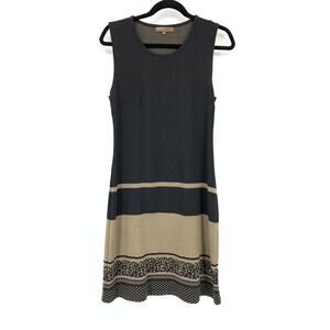 Perry Ellis Knit Sheath Dress Womens Size Medium Black Tan Sleeveless Scoopneck